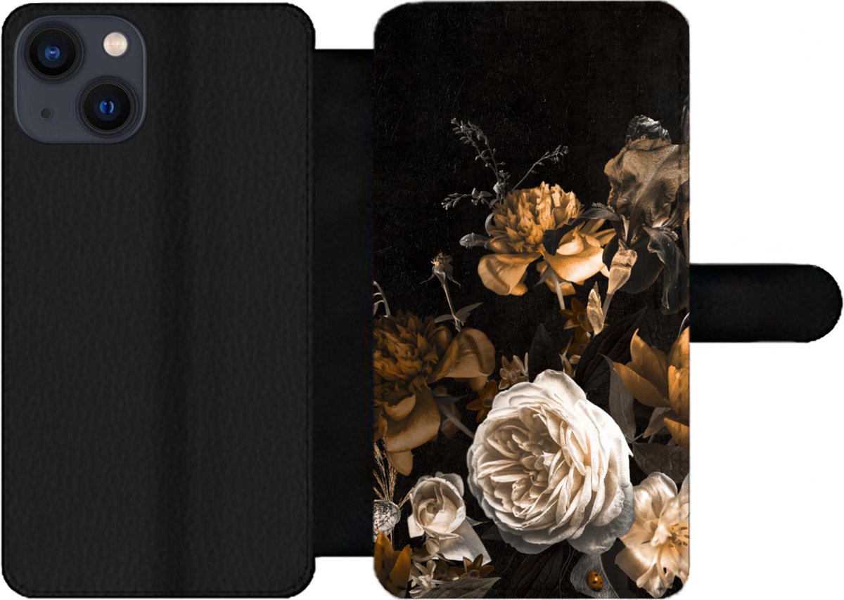 Telefoonhoesje Geschikt voor iPhone 13 telefoonhoesje - Roos - Goud - Boeket - Met vakjes - Wallet case met magneetsluiting