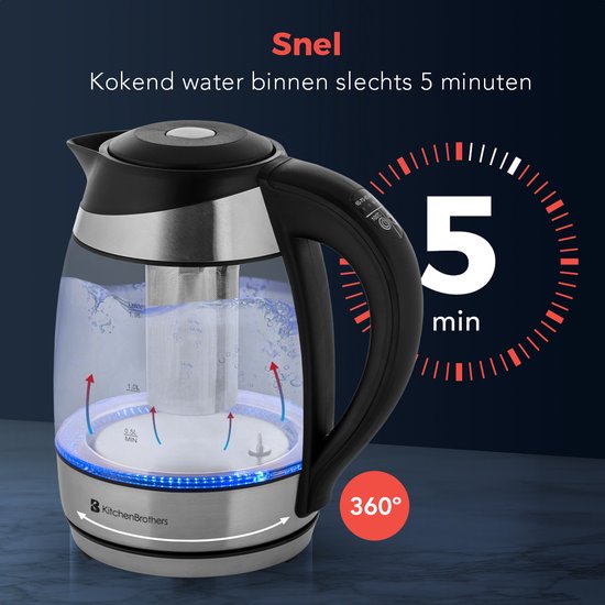 Glazen waterkoker kookt water in 5 minuten. Met digitale timer en 360 graden basis.