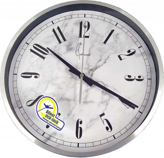 Cetronic WL7012SP - Horloge murale - Analogique - Ronde - Cadran marbre - Mouvement silencieux - Couleur argent