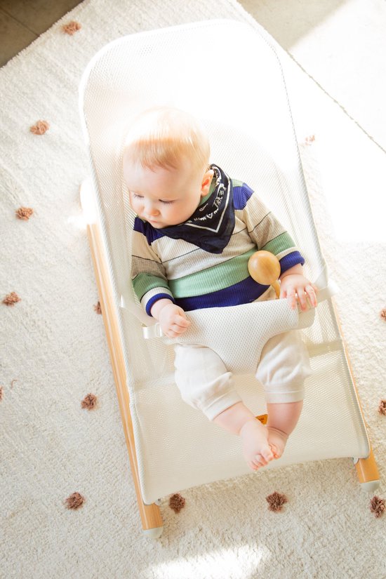 Childhome Transat Evolux - Baby Bouncer - Tissu Blanc Maillé + pieds bois  naturel