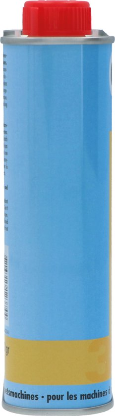 Zijkant van een blik Commandant Scratch Remover M5, lichtblauw met gele band onderaan.
