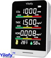 YILOFY Professionele 5 in 1 Luchtkwaliteitsmeter met Alarm - CO2 Meter - Scholen - Horeca - Hygrometer - Draagbaar LCD Scherm Monitor CO2 - Luchtvochtigheidsmeter Sensor - Melder -