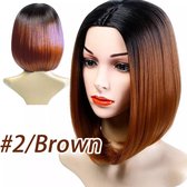 Synthetische hair silky straight middle part short wig kleur 1b / brown 35cm