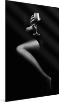 Erotiek Wijnglas Poster op Aluminium - Erotische Kunst - Artistiek Naakt - Zwart Wit - 40x60 cm