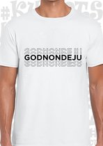 GODNONDEJU herenshirt - Wit - Maat XL - Korte mouwen - Ronde hals - Regular Fit - Grappige teksten - Leuke shirtjes - Humor - Original Kwoots - Cadeau - Vlaanderen - In godsnaam