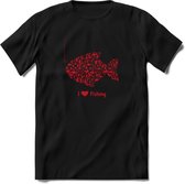 I Love Fishing - Vissen T-Shirt | Rood | Grappig Verjaardag Vis Hobby Cadeau Shirt | Dames - Heren - Unisex | Tshirt Hengelsport Kleding Kado - Zwart - S