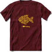 I Love Fishing - Vissen T-Shirt | Geel | Grappig Verjaardag Vis Hobby Cadeau Shirt | Dames - Heren - Unisex | Tshirt Hengelsport Kleding Kado - Burgundy - XL