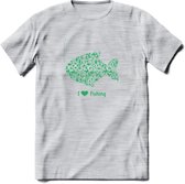 I Love Fishing - Vissen T-Shirt | Groen | Grappig Verjaardag Vis Hobby Cadeau Shirt | Dames - Heren - Unisex | Tshirt Hengelsport Kleding Kado - Licht Grijs - Gemaleerd - 3XL