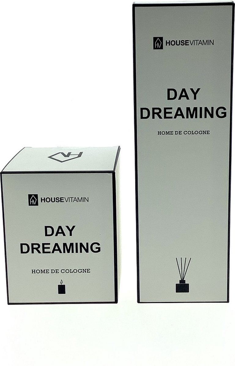 Geurstokjes en Geurkaars (set) - Housevitamin - Day dreaming - de parfum versie van een vleugje bloemen - Incl. 6 zwarte geurstokjes -