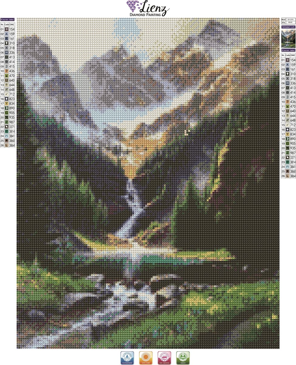 Lienz® Diamond Painting volwassenen 40x50cm – Rond – Landschap – Waterval - Pakket Volwassenen — afbeelding 2