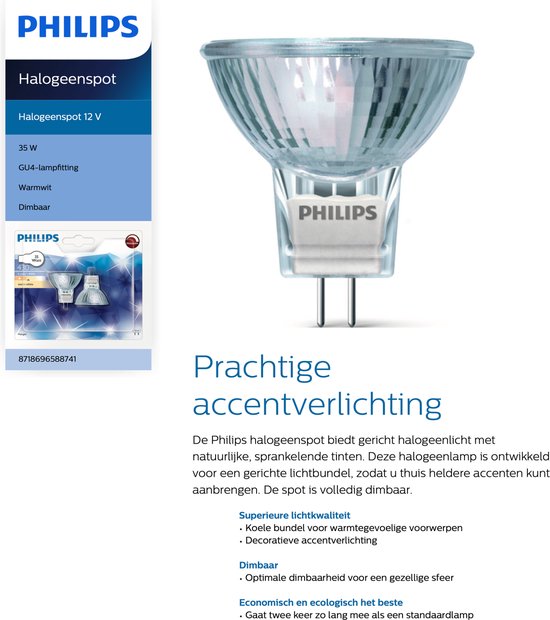 Philips Halogeen Spots GU4 - Dimbaar - Warm wit licht - 12V - 24V - 35W -  10 x GU4... | bol.com