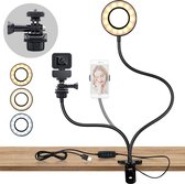 Led-selfiering met arm, tafelringlamp met webcamhouder of telefoonhouder, 3 kleuren en 10 lichtsterkte-webcam-lichtniveaus voor tikktok/YouTube/make-up, online chat/Facebook