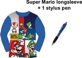 Super Mario Bross T-shirt Longsleeve - Koningsblauw. Maat 128 cm / 8 jaar + EXTRA 1 Stylus Pen.