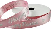 Luxe Paaslint 16mm (1,6cm) | Satijnlint Pasen | Lente Paas Lint | Happy Easter Hartje | Paasdecoratie Pasen| Roze Zilver Glans | Cadeau Lint | Top Kwaliteit | Rol: 10 Meter