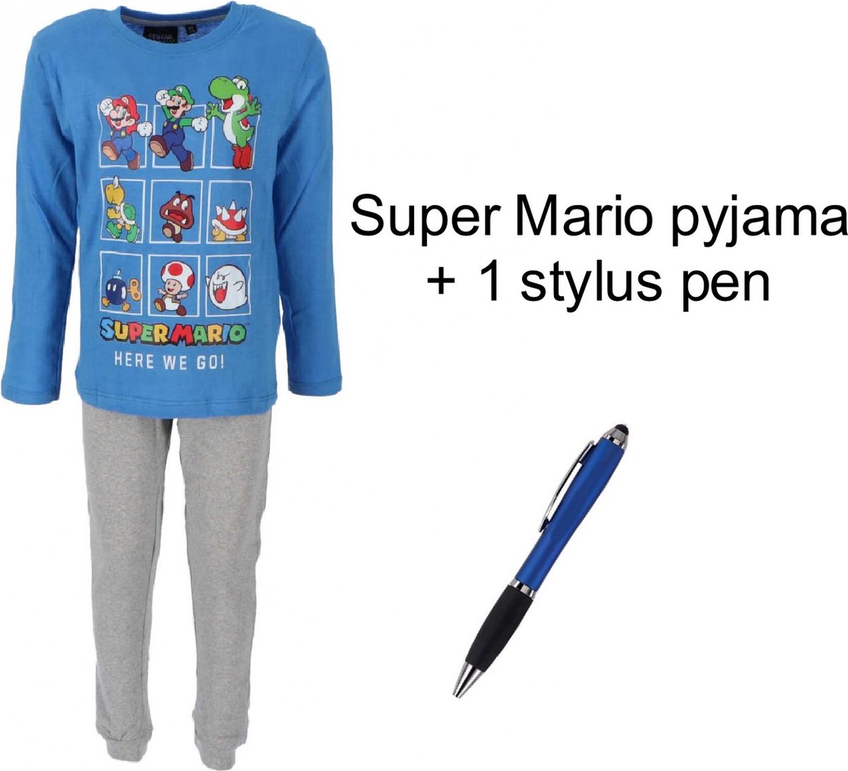 Super Mario Bross Pyjama - Koningsblauw / Mele grijs. Maat 110 cm / 5 jaar + EXTRA 1 Stylus Pen.