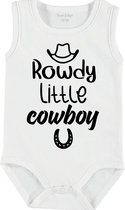 Baby Rompertje met tekst 'Rowdy cowboy' | mouwloos l | wit zwart | maat 50/56 | cadeau | Kraamcadeau | Kraamkado