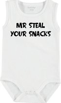 Baby Rompertje met tekst 'Mr steal youre snack' | mouwloos l | wit zwart | maat 50/56 | cadeau | Kraamcadeau | Kraamkado
