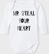 Baby Rompertje met tekst 'Mr steal youre heart' | Lange mouw l | wit zwart | maat 62/68 | cadeau | Kraamcadeau | Kraamkado