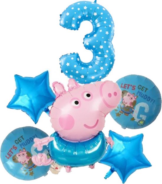 Peppa Pig - Big - George folie ballonnen - set van 6  - blauwe ballonnen - 81 cm groot getal ballon - 3 jaar -