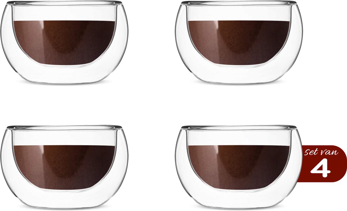 Dubbelwandige Espresso Glaasjes - Premium en Uniek Model - 80 ml x 4 stuks Dubbelwandige Espresso Kopjes - Espressoglazen - Espresso Glazen