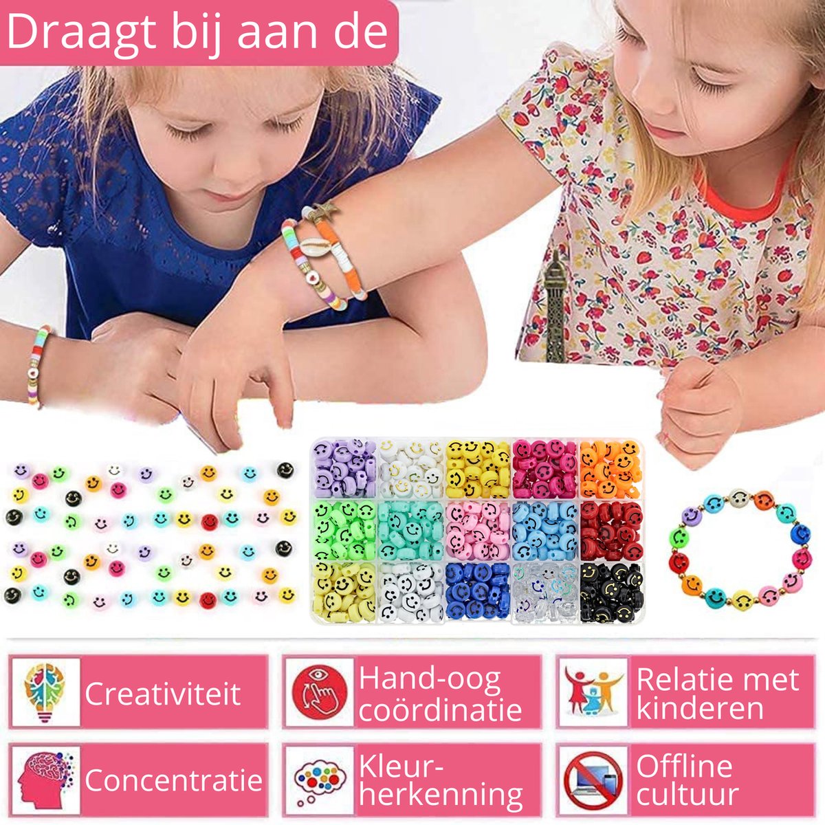 Behave Smiley Kralen Set 375 Stuks - 15 Kleuren - Kralen Doos - DIY Sieraden Maken - Knutselen Meisjes - Incl. Rijgdraad — afbeelding 2