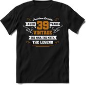 39 Jaar Legend T-Shirt | Goud - Wit | Grappig Verjaardag en Feest Cadeau Shirt | Dames - Heren - Unisex | Tshirt Kleding Kado | - Zwart - L