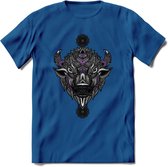 Bizon - Dieren Mandala T-Shirt | Paars | Grappig Verjaardag Zentangle Dierenkop Cadeau Shirt | Dames - Heren - Unisex | Wildlife Tshirt Kleding Kado | - Donker Blauw - M