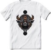 Bizon - Dieren Mandala T-Shirt | Oranje | Grappig Verjaardag Zentangle Dierenkop Cadeau Shirt | Dames - Heren - Unisex | Wildlife Tshirt Kleding Kado | - Wit - XXL