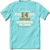 14 Jaar Legend T-Shirt | Goud - Wit | Grappig Verjaardag en Feest Cadeau Shirt | Dames - Heren - Unisex | Tshirt Kleding Kado | - Licht Blauw - S