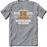 14 Jaar Legend T-Shirt | Goud - Wit | Grappig Verjaardag en Feest Cadeau Shirt | Dames - Heren - Unisex | Tshirt Kleding Kado | - Donker Grijs - Gemaleerd - XXL