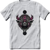 Bizon - Dieren Mandala T-Shirt | Roze | Grappig Verjaardag Zentangle Dierenkop Cadeau Shirt | Dames - Heren - Unisex | Wildlife Tshirt Kleding Kado | - Licht Grijs - Gemaleerd - L