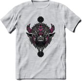 Bizon - Dieren Mandala T-Shirt | Roze | Grappig Verjaardag Zentangle Dierenkop Cadeau Shirt | Dames - Heren - Unisex | Wildlife Tshirt Kleding Kado | - Licht Grijs - Gemaleerd - S