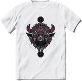 Bizon - Dieren Mandala T-Shirt | Roze | Grappig Verjaardag Zentangle Dierenkop Cadeau Shirt | Dames - Heren - Unisex | Wildlife Tshirt Kleding Kado | - Wit - 3XL