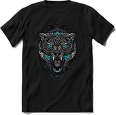 Wolf - Dieren Mandala T-Shirt | Lichtblauw | Grappig Verjaardag Zentangle Dierenkop Cadeau Shirt | Dames - Heren - Unisex | Wildlife Tshirt Kleding Kado | - Zwart - XXL