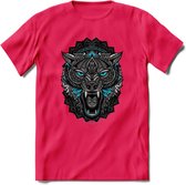 Wolf - Dieren Mandala T-Shirt | Lichtblauw | Grappig Verjaardag Zentangle Dierenkop Cadeau Shirt | Dames - Heren - Unisex | Wildlife Tshirt Kleding Kado | - Roze - XXL