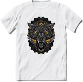 Wolf - Dieren Mandala T-Shirt | Geel | Grappig Verjaardag Zentangle Dierenkop Cadeau Shirt | Dames - Heren - Unisex | Wildlife Tshirt Kleding Kado | - Wit - L