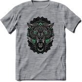 Wolf - Dieren Mandala T-Shirt | Aqua | Grappig Verjaardag Zentangle Dierenkop Cadeau Shirt | Dames - Heren - Unisex | Wildlife Tshirt Kleding Kado | - Donker Grijs - Gemaleerd - M