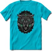 Wolf - Dieren Mandala T-Shirt | Aqua | Grappig Verjaardag Zentangle Dierenkop Cadeau Shirt | Dames - Heren - Unisex | Wildlife Tshirt Kleding Kado | - Blauw - M