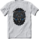 Wolf - Dieren Mandala T-Shirt | Blauw | Grappig Verjaardag Zentangle Dierenkop Cadeau Shirt | Dames - Heren - Unisex | Wildlife Tshirt Kleding Kado | - Licht Grijs - Gemaleerd - L