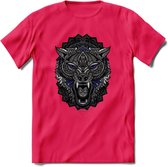 Wolf - Dieren Mandala T-Shirt | Donkerblauw | Grappig Verjaardag Zentangle Dierenkop Cadeau Shirt | Dames - Heren - Unisex | Wildlife Tshirt Kleding Kado | - Roze - S