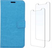 LuxeBass Samsung Galaxy A40 hoesje book case + 2 stuks Glas Screenprotector turquoise - bookcase - boekhoesje - book case - boek hoesje