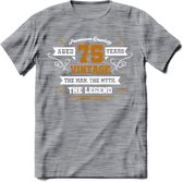 75 Jaar Legend T-Shirt | Goud - Wit | Grappig Verjaardag en Feest Cadeau Shirt | Dames - Heren - Unisex | Tshirt Kleding Kado | - Donker Grijs - Gemaleerd - XXL