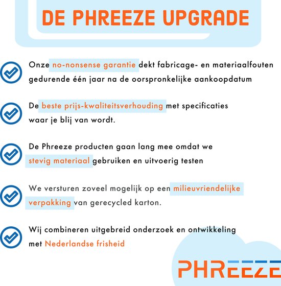 Verpakking met Phreeze logo en checklist met vinkjes.