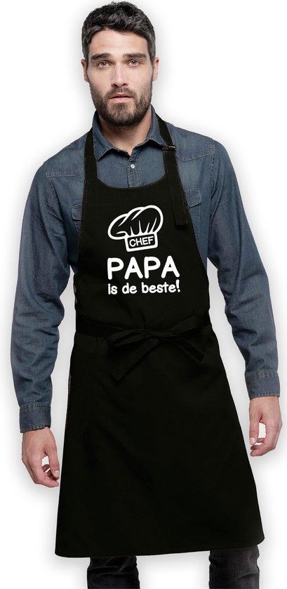 Keukenschort Chef Papa is de beste - Heren Dames - Horecakwaliteit - One size - Verstelbaar - Wasbaar - Cadeau Verjaardag Feest Grappig Geintje Jubileum Pensioen Zomaar Bedankt BBQ - Zwart