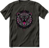 Beer - Dieren Mandala T-Shirt | Roze | Grappig Verjaardag Zentangle Dierenkop Cadeau Shirt | Dames - Heren - Unisex | Wildlife Tshirt Kleding Kado | - Donker Grijs - XXL