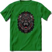 Leeuw - Dieren Mandala T-Shirt | Rood | Grappig Verjaardag Zentangle Dierenkop Cadeau Shirt | Dames - Heren - Unisex | Wildlife Tshirt Kleding Kado | - Donker Groen - L