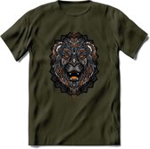 Leeuw - Dieren Mandala T-Shirt | Oranje | Grappig Verjaardag Zentangle Dierenkop Cadeau Shirt | Dames - Heren - Unisex | Wildlife Tshirt Kleding Kado | - Leger Groen - L