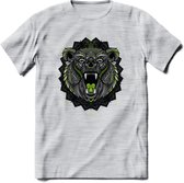 Beer - Dieren Mandala T-Shirt | Groen | Grappig Verjaardag Zentangle Dierenkop Cadeau Shirt | Dames - Heren - Unisex | Wildlife Tshirt Kleding Kado | - Licht Grijs - Gemaleerd - S