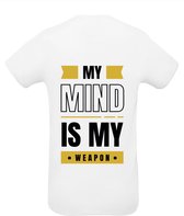Huurdies Sportshirt | My mind is my weapon | maat  L | Bedrukkingskleur goud | shirt wit