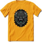 Leeuw - Dieren Mandala T-Shirt | Aqua | Grappig Verjaardag Zentangle Dierenkop Cadeau Shirt | Dames - Heren - Unisex | Wildlife Tshirt Kleding Kado | - Geel - S